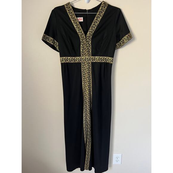 Vintage Mary-Martin Florida Black Gold Trim Short Sleeve Maxi Dress Size Small - Picture 2 of 11